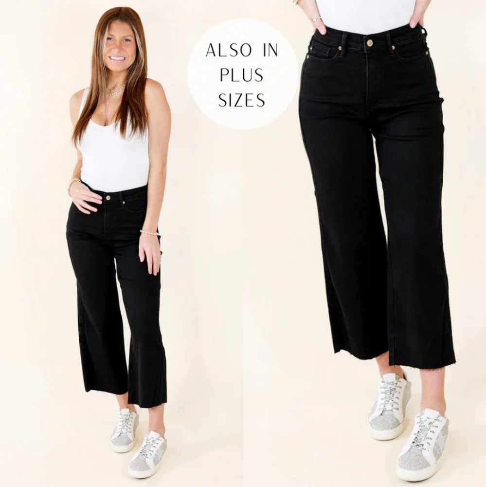 Judy Blue BLACK Tummy Control Raw Hem Wide Leg Cropped Jeans - Picture 8 of 14
